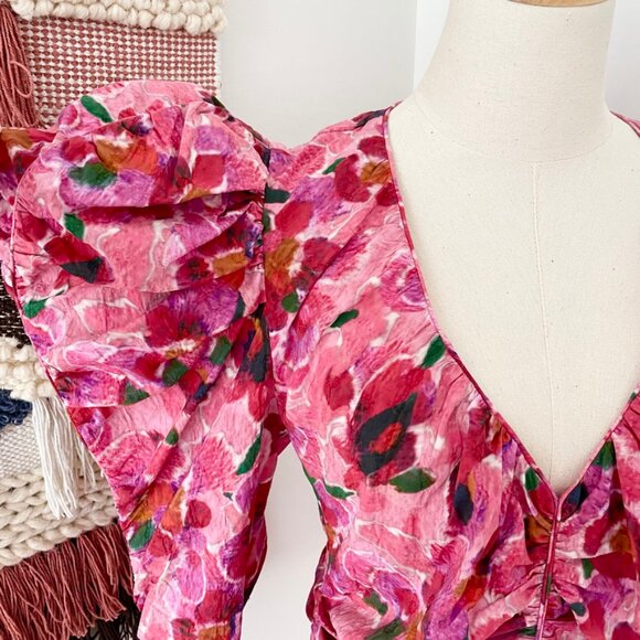 Isabel Marant Mirnao Floral Puff Sleeve Silk Blend Ruched Top Pink Size 8 NWT - Picture 4 of 12
